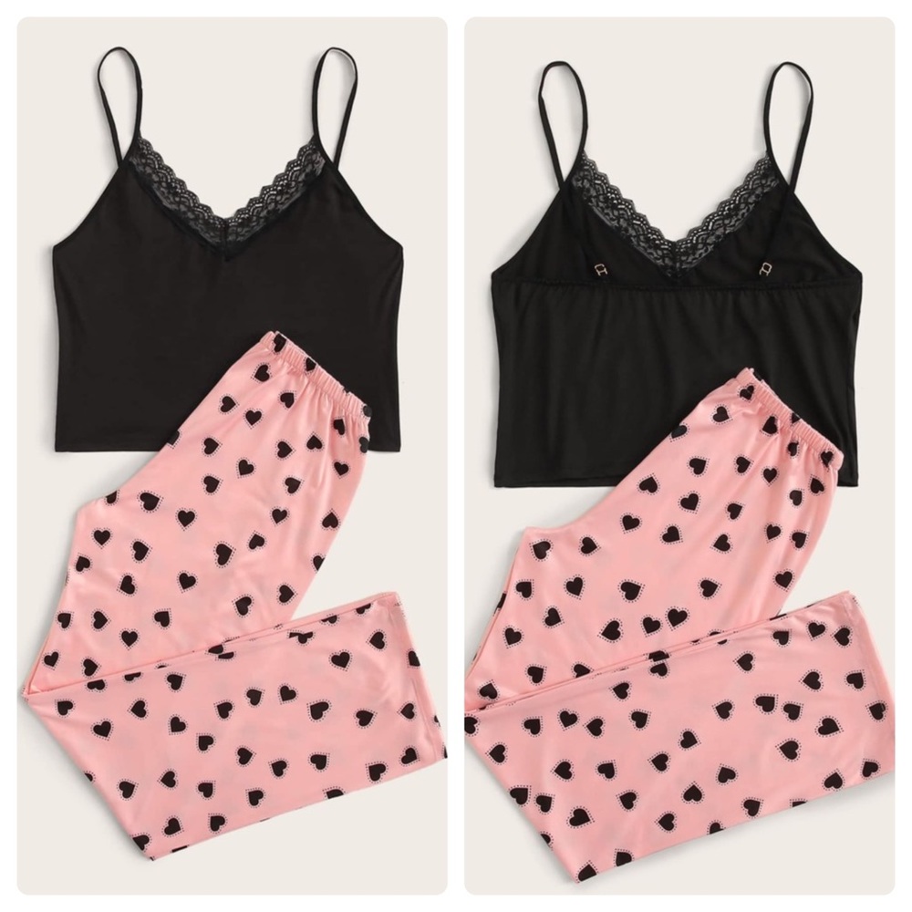 Heart Print Lace Trim Cami PJ Set